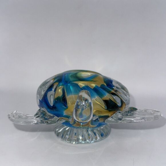 Vinci Colored Art Glass Sea Turtle Pedestal Base Blue Yellow Heavy - Picture 4 of 6